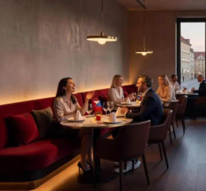 Moderní pražský interiér restaurace Prazske Eventy 24 s pohodovou večerní atmosférou