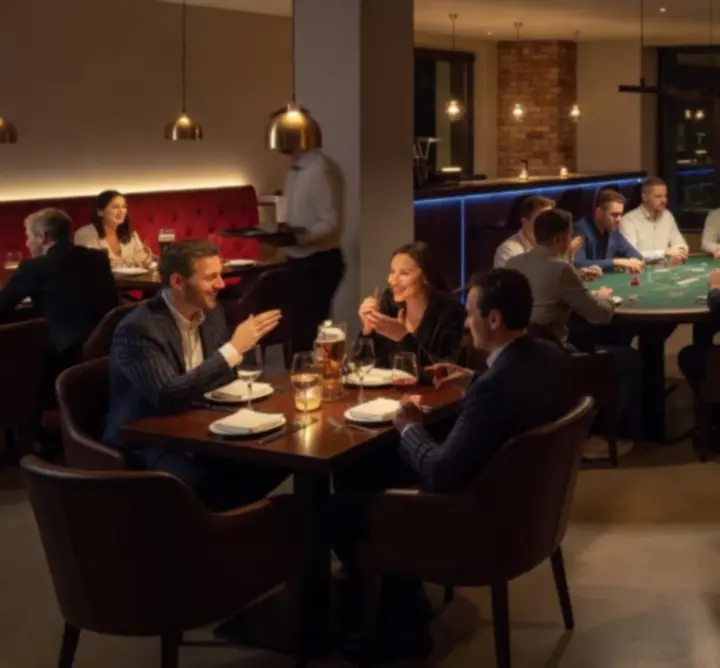 Večerní lounge atmosféra restaurace s hosty u stolů