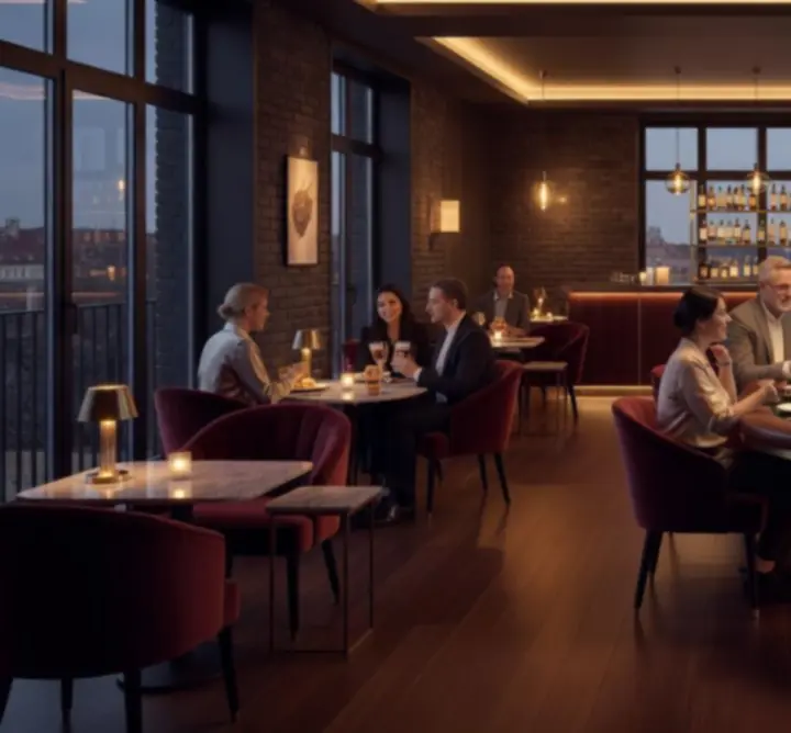 Moderní restaurace v Praze s elegantním pokerovým stolem a hosty u večeře