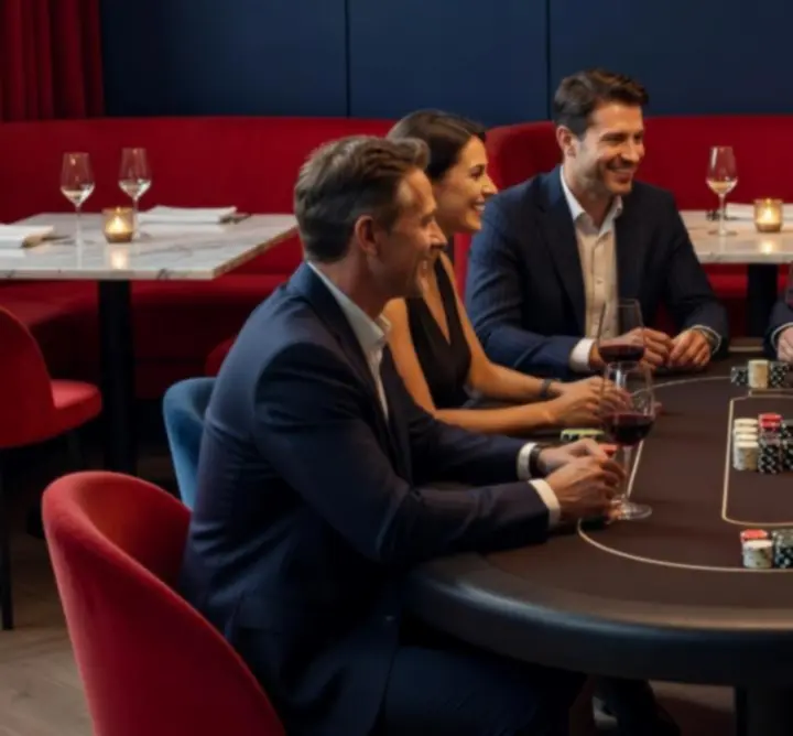 Elegantní pokerový stůl mezi sedačkami a stolky v moderním lounge interiéru.