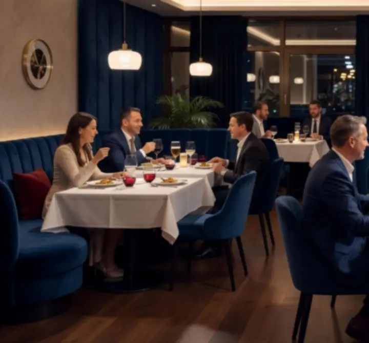 Večerní interiér restaurace Pražské Eventy 24 se stylovým pokerovým stolem a hosty u večeře.
