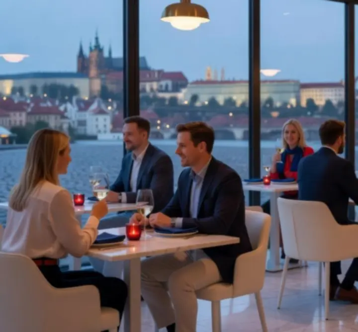 Moderní interiér restaurace Prazske Eventy 24 s večerní atmosférou