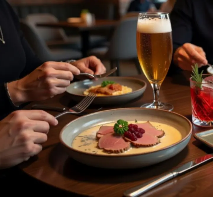 Stůl s ikonickými pokrmy a koktejly v restauraci Prazske Eventy 24